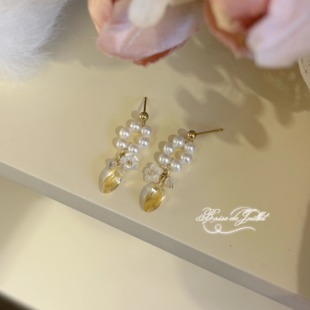 夏日微风*月光小夜曲。精致气质黄水晶珍珠耳环钉饰夹美国包金女