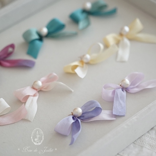 夏日微风 渐变丝带蝴蝶结棉花珍珠耳钉小众精致气质 日漫女主