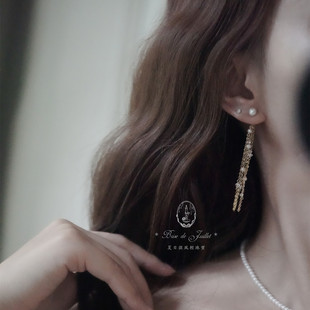 夏日微风/仙女系！两戴闪闪水晶流苏珍珠耳钉饰美国包金原创气质
