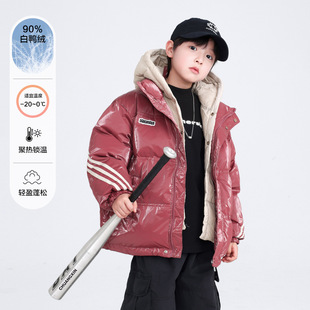 男童冬装红色假两件亮面免洗羽绒服2025新款儿童冬季加厚防风外套