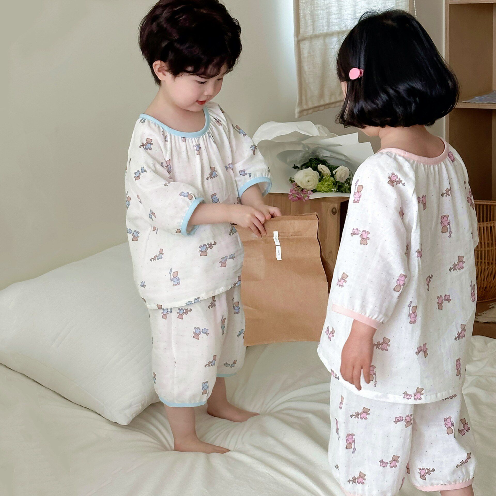 夏季中小童竹纤维棉纱家居服
