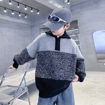 男童冬装半开衫高领撞色毛衣2025新款儿童冬季加厚针织衫大童外套