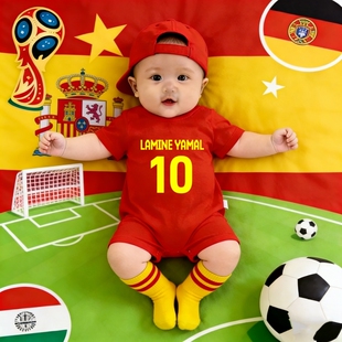 2026西班牙国家队球衣婴儿足球服哈衣爬服BB连体服世界杯满月服
