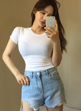 韩国夏修身气质性感紧身显胸短袖微透T恤女弹力打底薄款休闲上衣