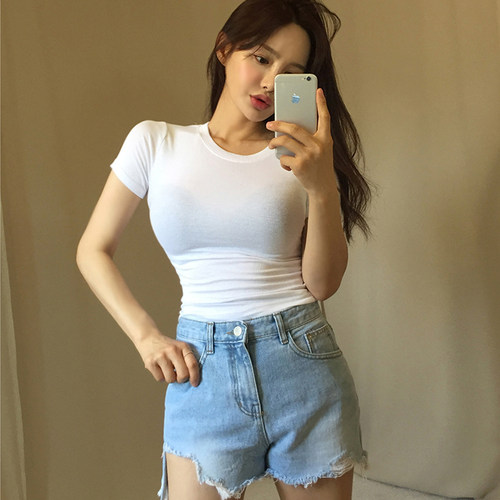 韩国夏修身气质性感紧身显胸短袖微透T恤女弹力打底薄款休闲上衣