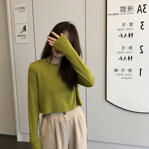 韩版学生性感纯色秋季露脐上衣