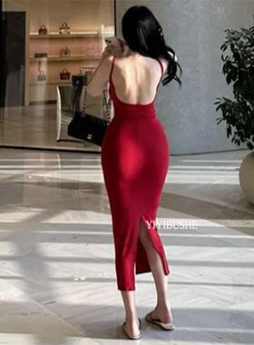 现货51STUDIO自制ZK273性感纯欲红色 浪漫大露背高开叉吊带连衣裙