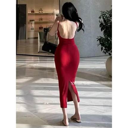 现货51STUDIO自制ZK273性感纯欲红色 浪漫大露背高开叉吊带连衣裙