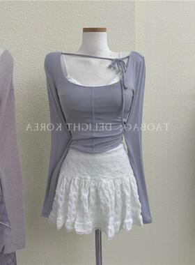 现货 51STUDIO自制 紫色系带长袖&白色褶皱蕾丝边半身裙