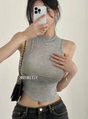 潮辣妹半高领短款无袖背心T恤