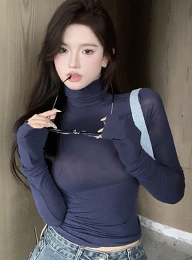 蓝色堆堆高领打底衫女士秋季新款修身紧辣妹薄款内搭长袖t恤上衣