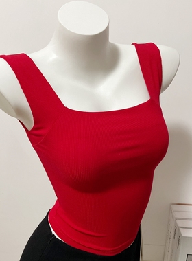 chao正红色～方领紧身无袖背心打底衫女2022韩国新款性感短款吊带