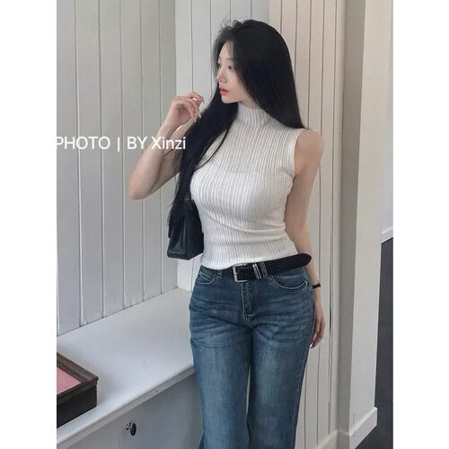 韩国女装韩系纯色半高领竖条背心女修身显瘦百搭气质无袖上衣