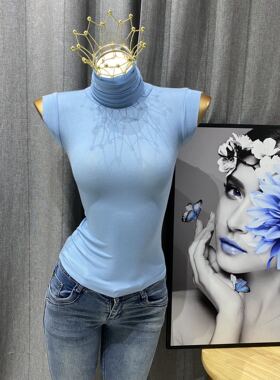 颜色chao美！雾蓝色高领微透打底衫背心无袖T恤女修身性感ins韩国