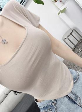 韩国代购正品 SL190先来个米色 性感方领弧形摆收腰紧身短袖t恤ue