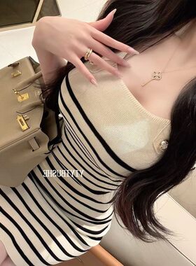 韩国女装EA178轻熟姐姐风~韩系女人味条纹包臀无袖针织连衣裙
