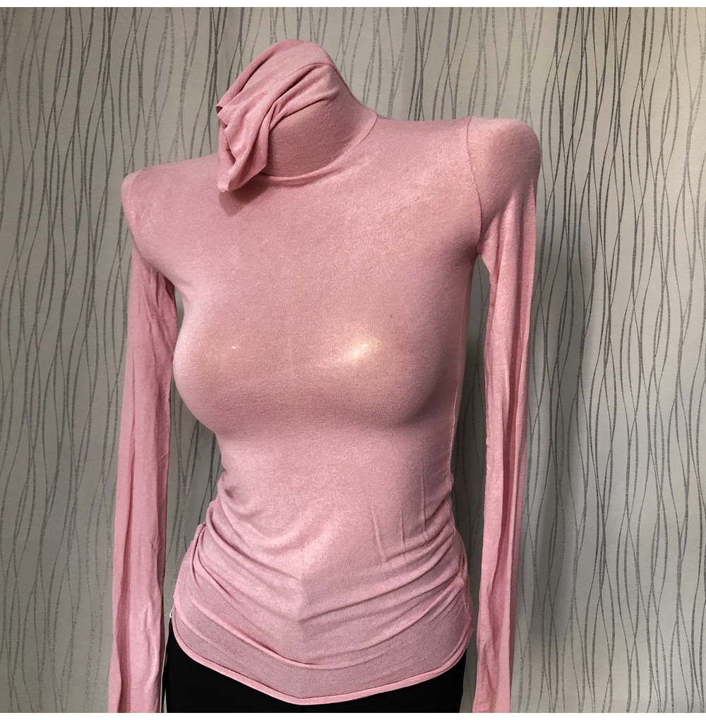 白色堆堆领粉色高领女紧身打底衫