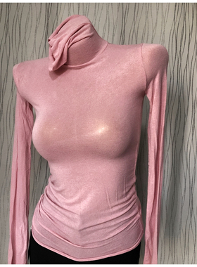 白色堆堆领粉色高领打底衫女春秋薄款内搭长袖t恤紧身上衣2021年