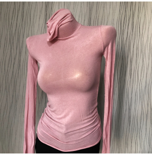 t恤紧身上衣2021年 内搭长袖 白色堆堆领粉色高领打底衫 女春秋薄款