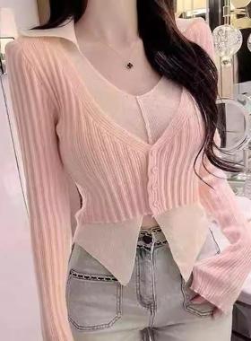 现货~51STUDIO自制翻领撞色假两件长袖针织衫上衣011303