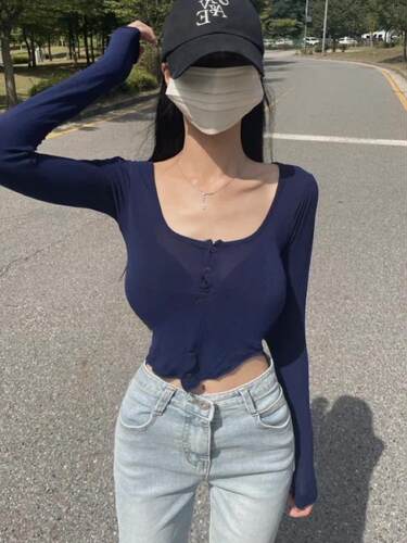 现货~51STUDIO自制性感时尚U领微透长袖开衫显身材短款外搭