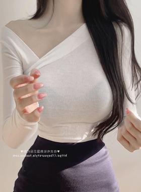 51STUDIO自制 ME276气质斜肩V领~性感显身材螺纹紧身长袖T恤se