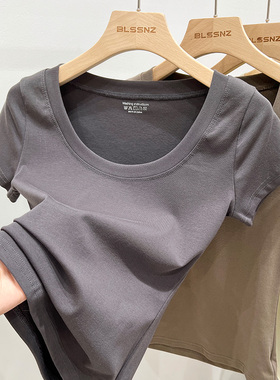 美式灰色正肩u领纯棉短袖t恤女夏季设计感小众小个子修身短款上衣