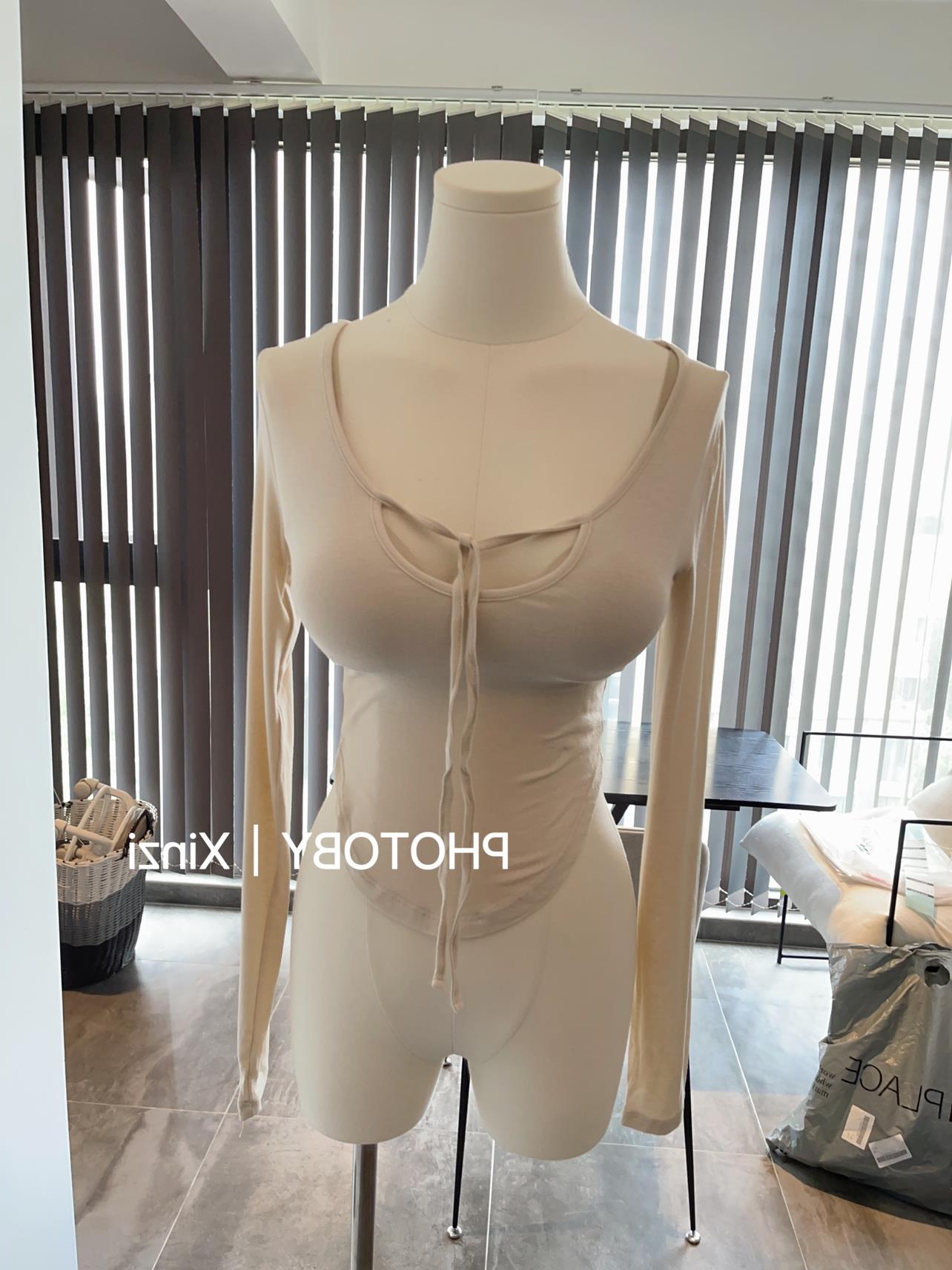 现货~51STUDIO自制秋新款系带长袖紧身收腰长袖纯色T恤