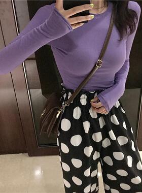 网红堆堆袖芋紫色长袖T恤女ins超火紧身牛油果绿色上衣内搭打底衫