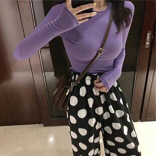 T恤女ins超火紧身牛油果绿色上衣内搭打底衫 网红堆堆袖 芋紫色长袖