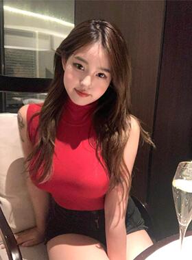 辣妹气质高领无袖背心紧身显胸上衣红色性感薄款百搭打底衫女新款