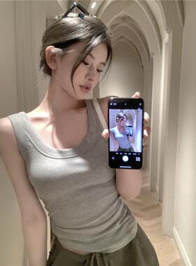 纯欲风宽肩带遮副乳吊带女夏季外穿性感灰色背心内搭工字运动上衣