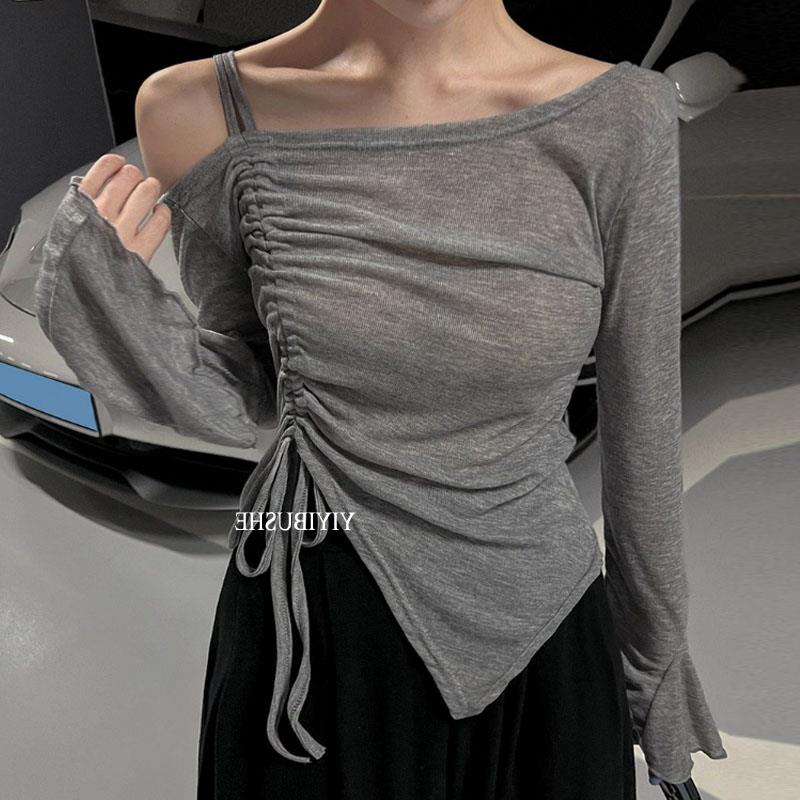 51STUDIO自制ZL673气质女人味~魅力露肩褶皱系带荷叶袖舒适T恤