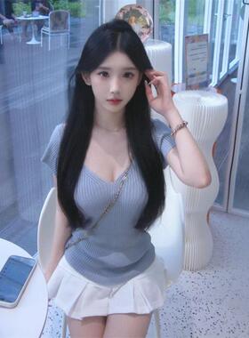 显白气质雾蓝色前后V领短袖针织衫修身打底衫上衣女春夏新款