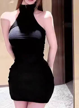 51STUDIO自制 黑色纯欲抽褶包臀性感露背挂脖系带紧身连衣裙短裙