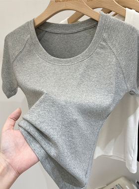 灰色纯棉圆领正肩短袖t恤女夏季2024新款修身简约上衣半袖体恤潮