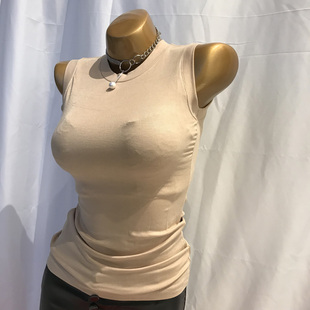 2021夏港味复古小圆领气质削肩背心无袖 紧身弹力显胸大t恤上衣女