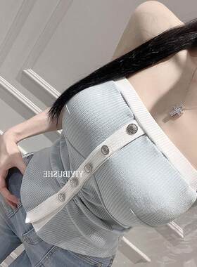 51STUDIO自制ZJ618温柔女人味~纯欲拼色捏褶显瘦弧摆抹胸含bra