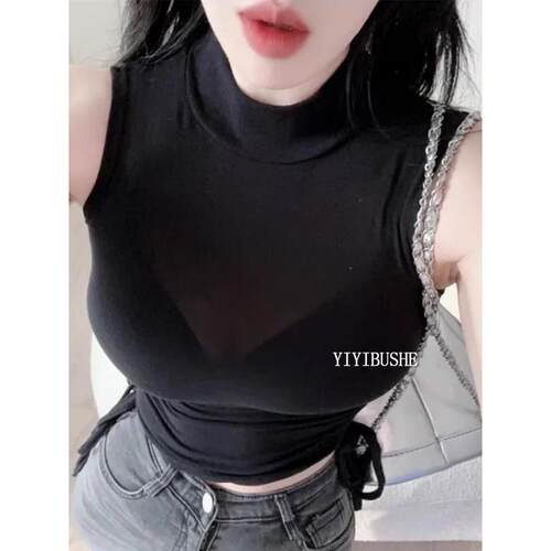 51STUDIO自制 PI273纯欲韩味~ 甜辣风抽绳显身材微透无袖高领t恤