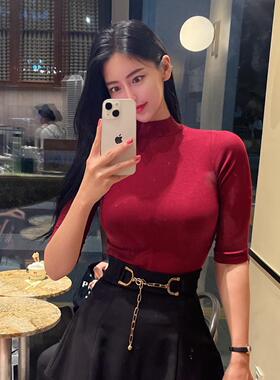 现货 51STUDIO自制秋半高领中袖螺纹女人味弹力打底衫体恤