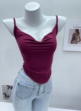 hen高级！外穿内搭～性感荡领吊带背心女人味显胸白色修身上衣夏