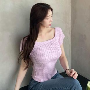 正品 YL612甜美法式 韩国代购 值得入 T恤se 方领修身 麻花纹针织短袖