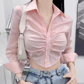 值得入 YL088温柔奶油色 性感女人褶皱露腰长袖 51STUDIO自制 衬衫