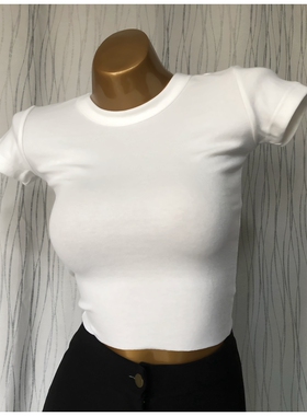 【留】2021年新款ins莫代尔圆领弹力修身露腰短款紧身短袖T恤女