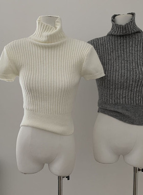 现货~高领修身打底针织衫女秋冬内搭黑色短袖紧身高级感短款上衣