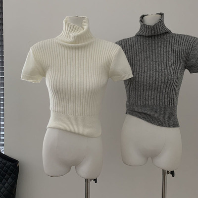 现货~高领修身打底针织衫女秋冬内搭黑色短袖紧身高级感短款上衣