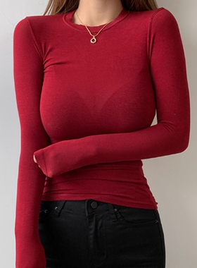 特显瘦！！超洋气！早春女QT700亲肤百搭紧身薄款酒红色打底衫pr