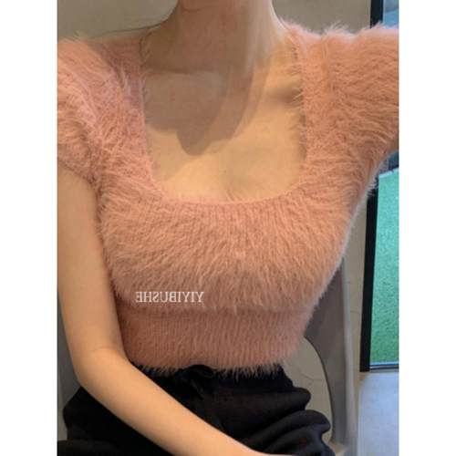 当天发 51STUDIO自制 GO363 性感方领低胸显身材短袖毛绒绒针织衫