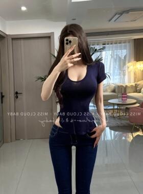 纯欲薄款u领短袖t恤女夏季弧形下摆不规则修身内搭纯棉显身材上衣