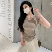 氧气辣妹～纯欲显胸大短袖 t恤女白色短款 上衣内搭紧身褶皱打底夏